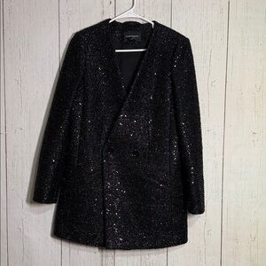 Club Monaco Black Sequin Sparkle Party Long Blazer V Neck Jacket Size 6